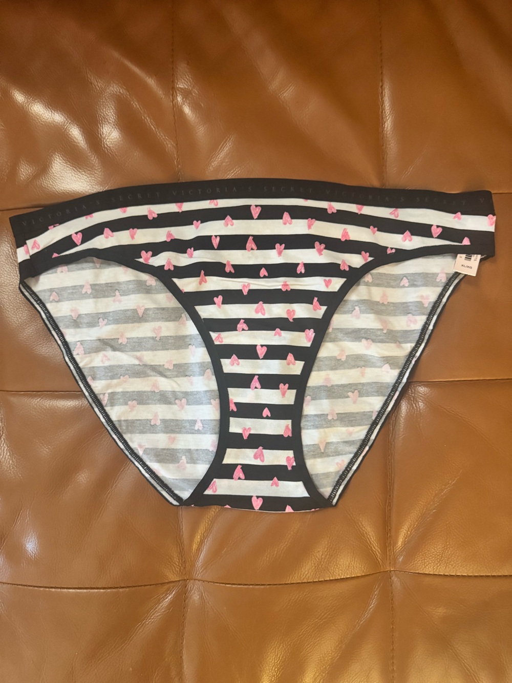 Victoria's Secret Black & White Striped Bikini Brief Panty with Pink Hearts